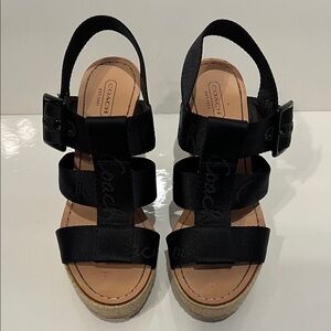 Coach Logo MaryAnne‎ Black Wedge Espadrille Platform Sandals Size 7.5
